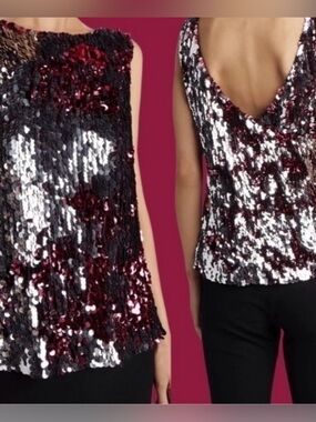 Sequin Scoop-Back Tank Top - Burgundy & Silver Tanya Taylor size S